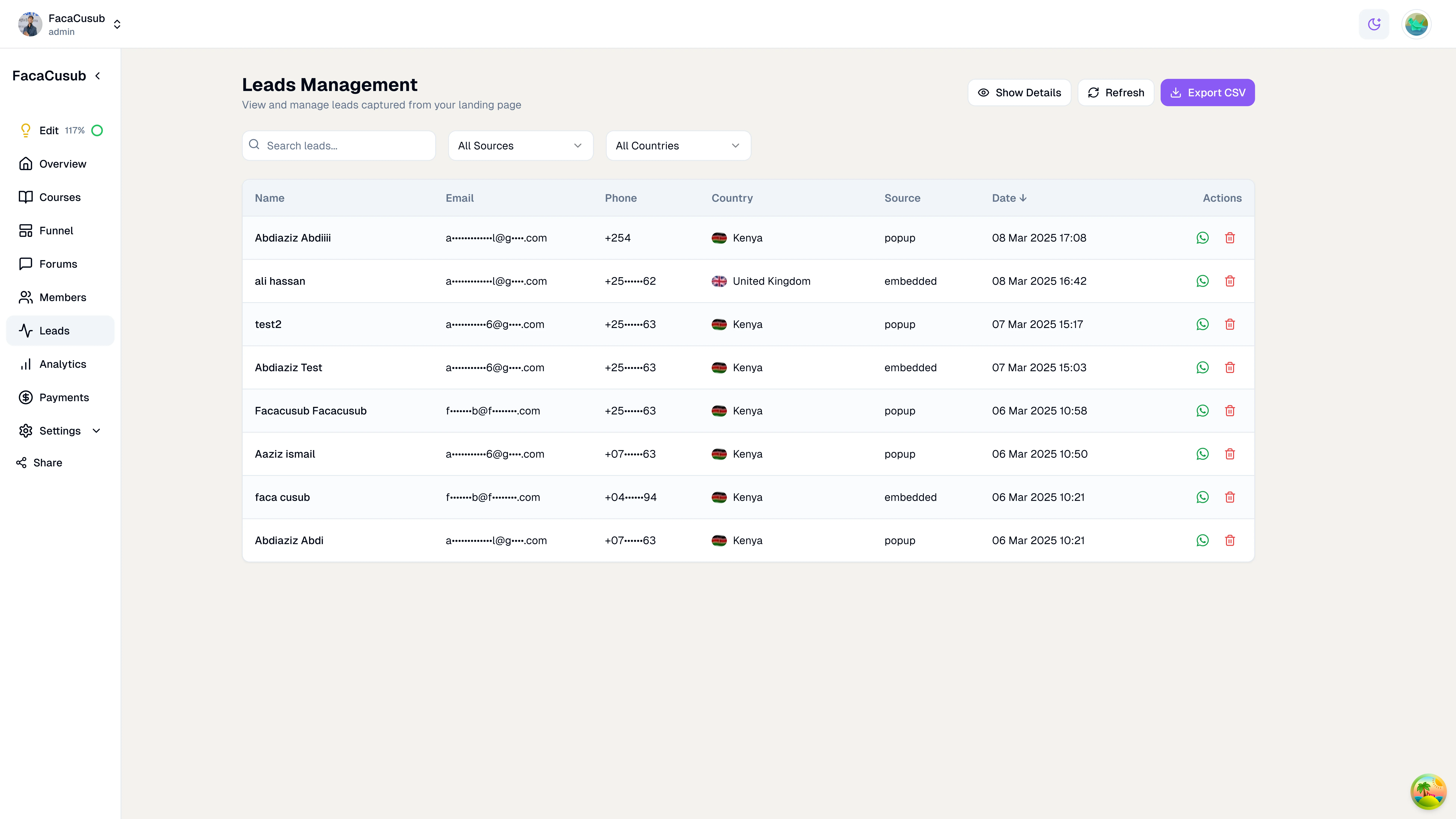 Leads management screenshot